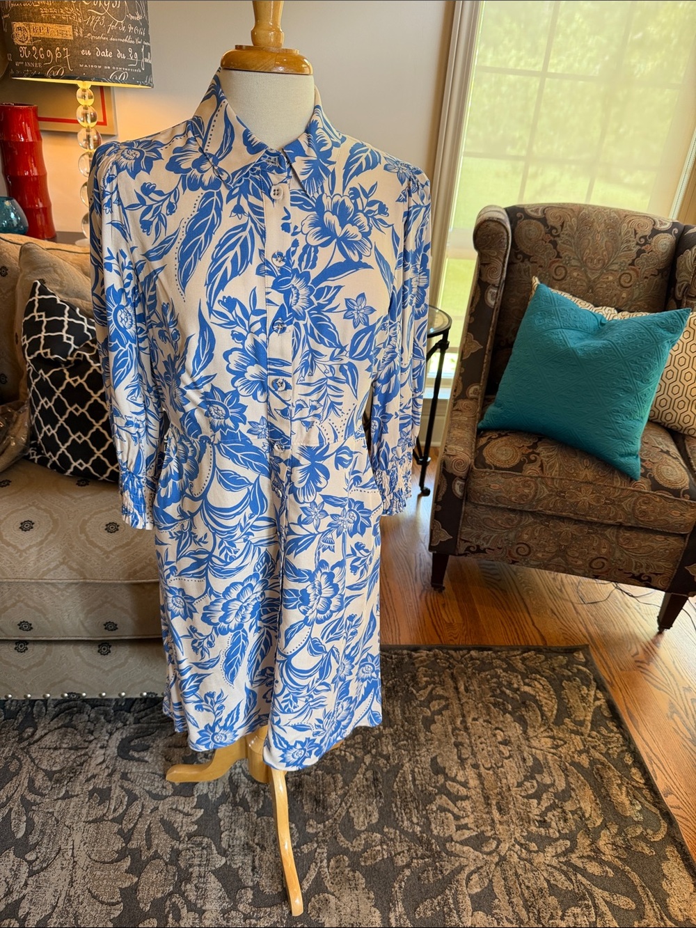 Cabi Blue & White Floral Shirt Dress#6149
